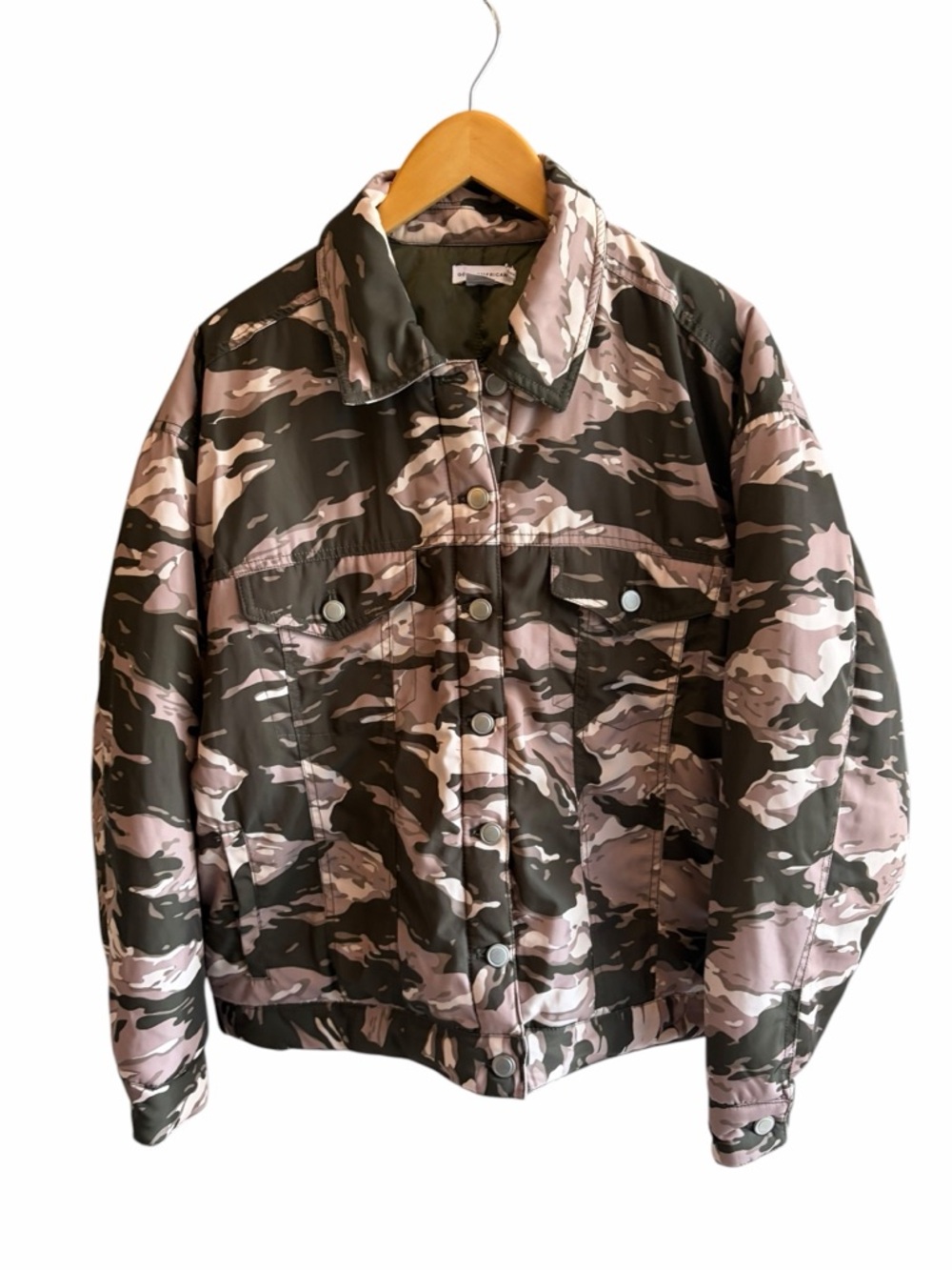 Good American Camo Trucker Puffer Jacket Green Pink - Picture 2 of 6
